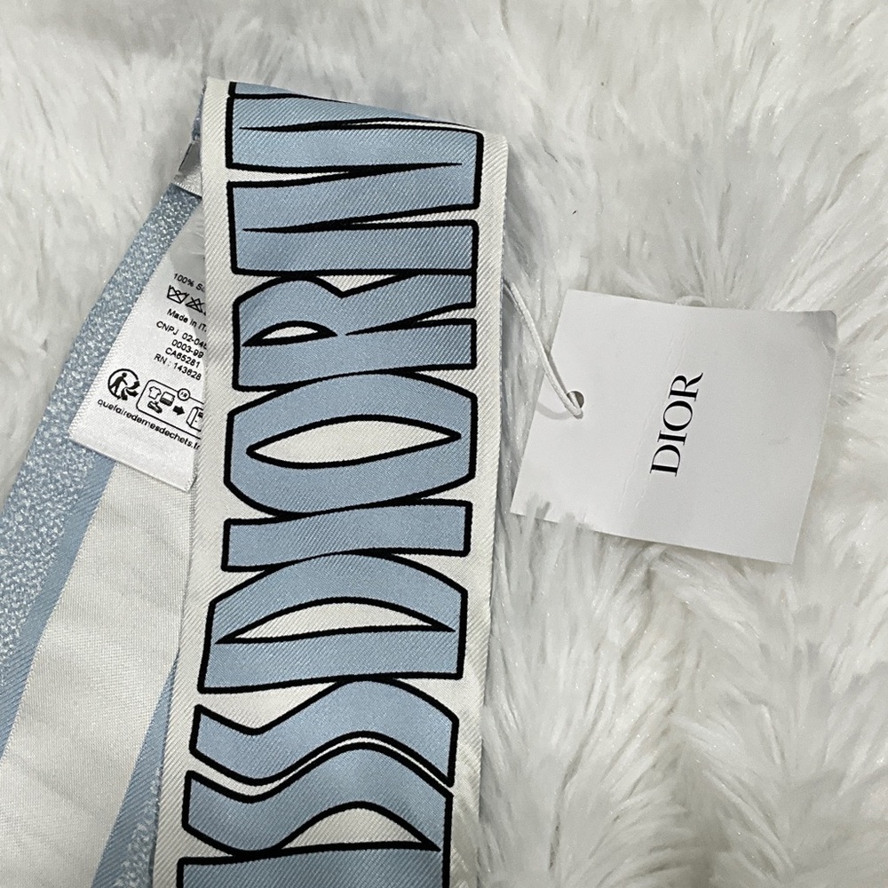 Dior Light Blue and White Logo Silk Twilly Scarf - Picture 3 of 4